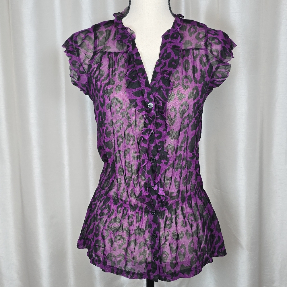 INC International Concepts Babydoll Button Ruffle Top Fairy Grunge Animal Print